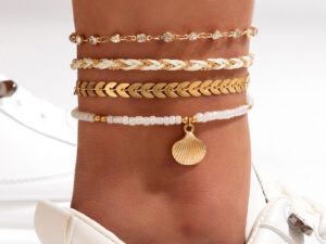 4pcs Set Bohemian Woven Rope Foot Chain For Men And Women Geometric Alloy Black Beads Dropping Oil Anklet Set Summer Fashion Jewelry