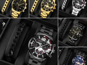 2pcs Men's New Popular Steel Strip Fashion Business Three Eye Quartz Watch Bracelet Set Valentine's Day Gifts