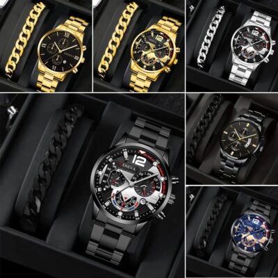 Men’s Stainless Steel Quartz Watch Set (2pcs)