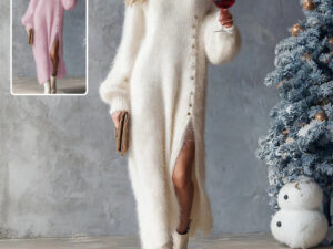 Chic Split Knitted Dress With Buttons Design Winter V-Neck Fleece Maxi Dresses Evening Party Club Fashion Women's Clothing