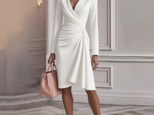 Solid Color Slim-fit Long Sleeve V-pleated Design Dress