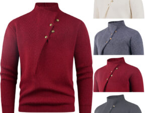 Mens Fashion Stand Collar Sweater With Slanted Buttons Mens Casual Pullover