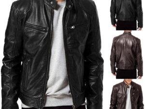 Men's Zip-up Cardigan PU Leather Jacket Fashion Pockets Stand Collar Short Tops Clothing