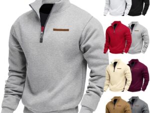 Fleece-lined Mid-length Zip-up Loose-fit Stand-up Collar Casual Hoodie