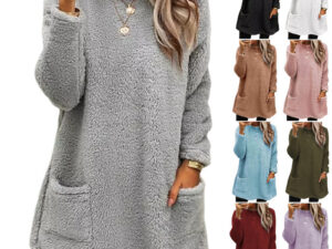 Women's Fleece Pullover Long Sweater With Pockets Winter Warm Thinken Sweatershirt Casual Long Sleeve Plush Tops Hoodie Coat Streetwear Fall Loose Outfits Hoodie Tops