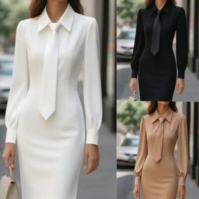 Women’s Solid Long Sleeve Tie-Waist Dress