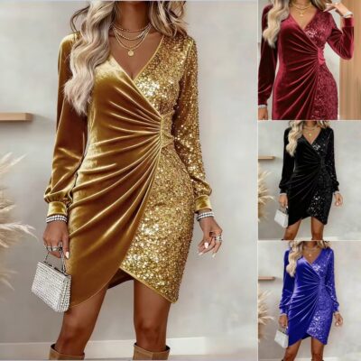 Women's Long Sleeve Sequin Velvet Dress - Sparkling V-Neck Bodycon Cocktail Dress