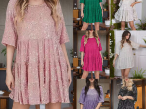 Fashionable Round-neck Loose-fit Short-sleeve Dress With Sequins