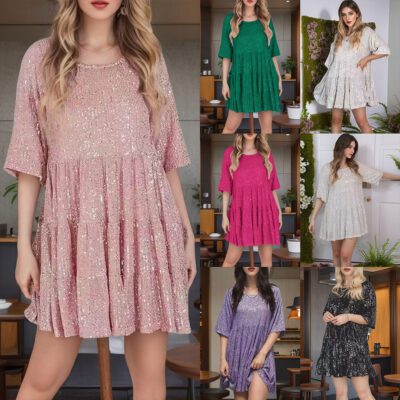 Women's Chic Loose-Fit Sequin T-Shirt Dress - Glamorous Round-Neck Party Mini