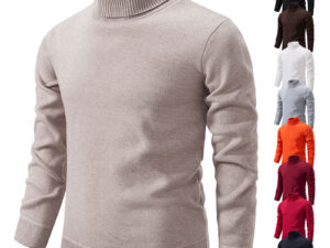 Men's Turtleneck Pullover Sweater Fashion Solid Color Fleece Lined Knitted Long-sleeved Top Clothing