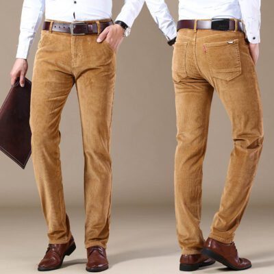 Men's Pockets Corduroy Trousers Winter Slim-fit Straight-leg Casual Pants Clothing
