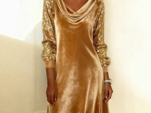 Women's Velvet Sequin Patchwork Long-Sleeve Dress