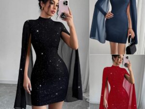 Women's Sexy Elegant Evening Party Dresses Round Neck Pit Stripe Pearl Chiffon Cape Sleeve Wrapped Hip Dress