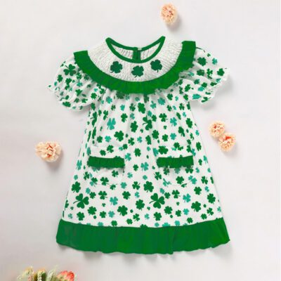 Girl's Clover Print Doll Collar Bubble Sleeve Dress