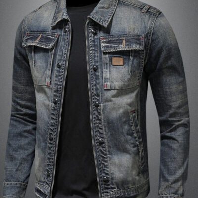 Men's Vintage Distressed Denim Jacket - Classic Retro Jean Jacket - Blue
