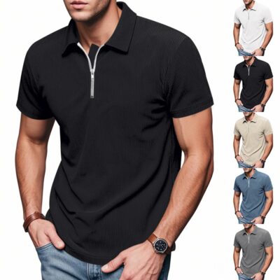 Men's Loose Corduroy Half-Zip Polo Short-Sleeve T-Shirt
