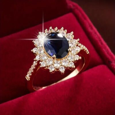 Women's Simple Inlaid Blue Stone Ring - 18K Gold Plated Minimalist Band