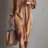 Women's Long Sleeve Shirt Dress - Chic Turn-Down Collar Buttoned Party Dress - Thumbnail Image 9