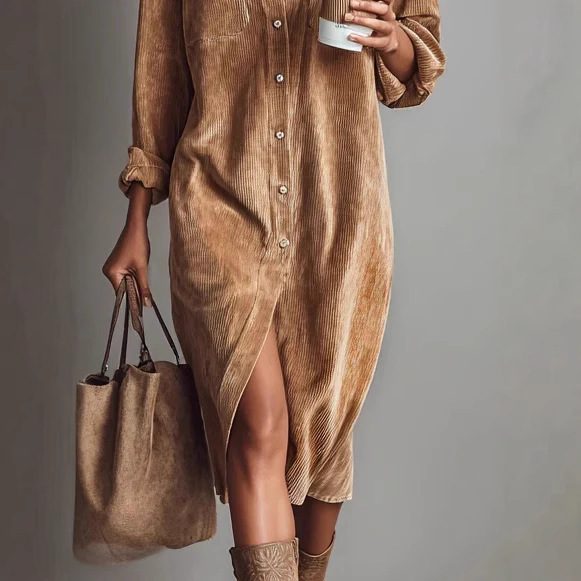Women's Long Sleeve Shirt Dress - Chic Turn-Down Collar Buttoned Party Dress - Image 9