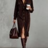 Women's Long Sleeve Shirt Dress - Chic Turn-Down Collar Buttoned Party Dress - Thumbnail Image 6