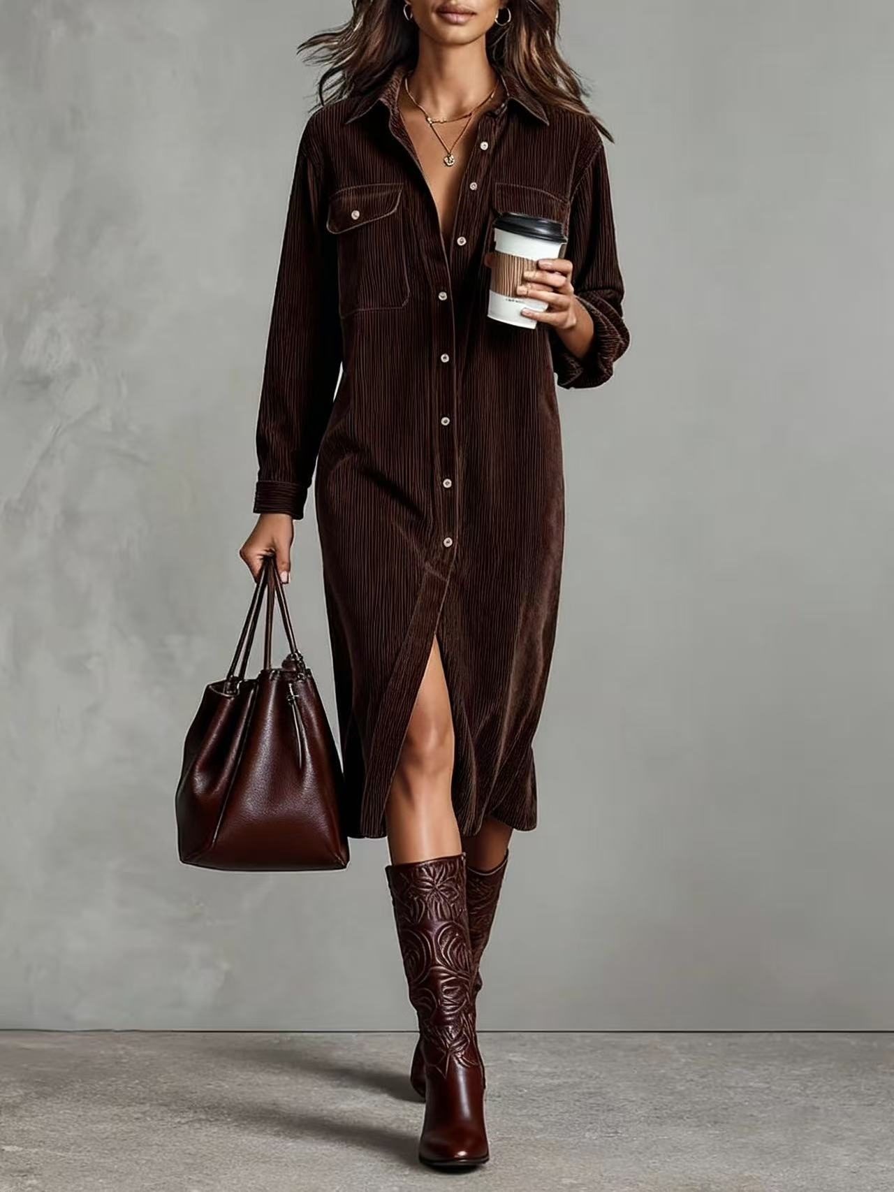 Women's Long Sleeve Shirt Dress - Chic Turn-Down Collar Buttoned Party Dress - Image 6