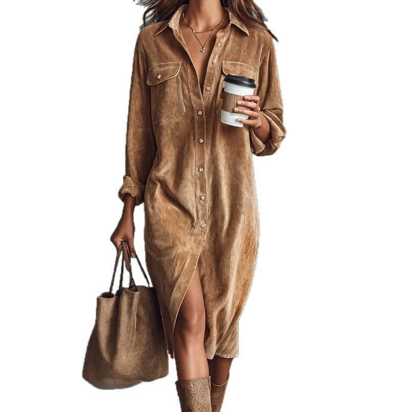 Women's Long Sleeve Shirt Dress - Chic Turn-Down Collar Buttoned Party Dress - Image 7