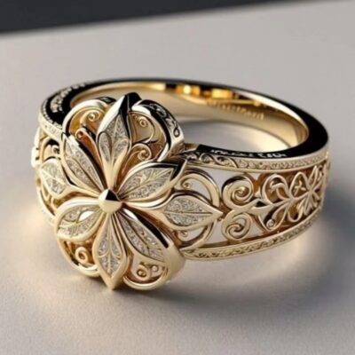 Women's 18K Gold Plated Hollow Flower Ring - Delicate French Style Statement Ring for Women