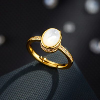 Women's Natural Mother-of-Pearl Oval Ring - Adjustable 18K Gold Plated Minimalist Open Ring