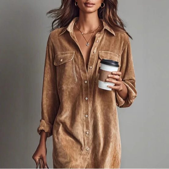 Women's Long Sleeve Shirt Dress - Chic Turn-Down Collar Buttoned Party Dress - Image 3