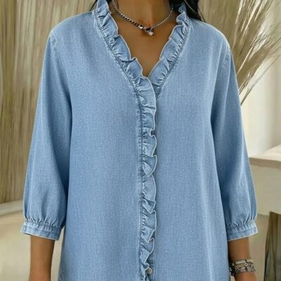 Womens Casual Denim-Style V-Neck Ruffle-Trim Shirt