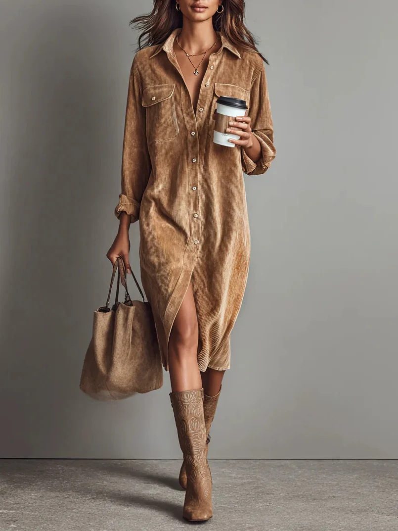 Women's Long Sleeve Shirt Dress - Chic Turn-Down Collar Buttoned Party Dress - Image 8