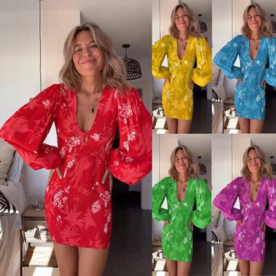 Casual Relaxed-fit Pleated Long-sleeve Sexy V-neck Dress