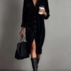 Women's Long Sleeve Shirt Dress - Chic Turn-Down Collar Buttoned Party Dress - Thumbnail Image 4