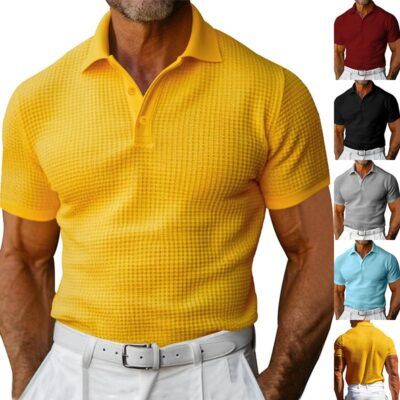 Men's Waffle Short Sleeve Polo Shirt Men's Fashion Summer Lapel Tops