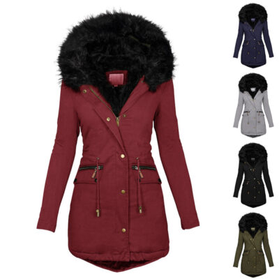 Women’s Winter Plush Hooded Parka - Warm Mid-Length Zip-Up Coat