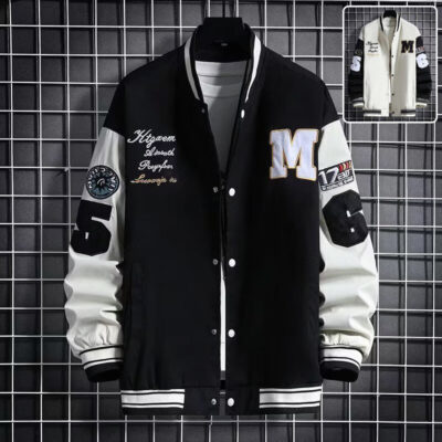 Men’s Varsity Baseball Jacket – Casual Letter Print Streetwear Button-Down Bomber
