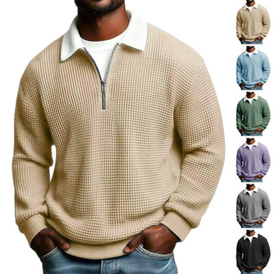 Men's Waffle-Knit Long-Sleeve Business Polo: Slim Fit Zip-Up Top for Spring & Fall