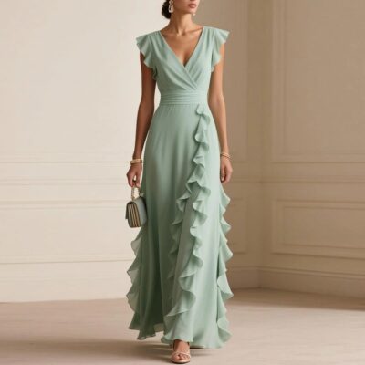 Solid Color Pleated Short Sleeves V-neck Dress