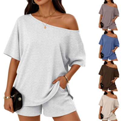Women's 2-Piece Lounge Set – Casual Slant-Neck Top and Shorts Outfit